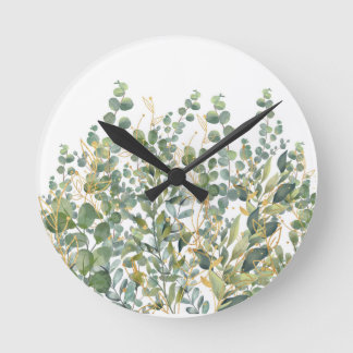 Horloge Ronde Feuilles D'Eucalyptus Botanique Or Et Vert