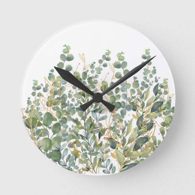 Horloge Ronde Feuilles D'Eucalyptus Botanique Or Et Vert (Recto)