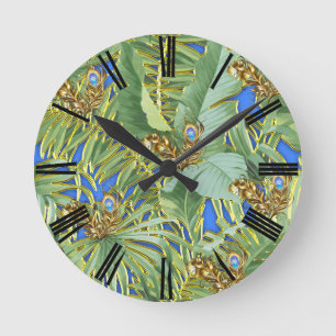 Horloge Ronde Feuilles Golden Peacock sur Cerulean Blue