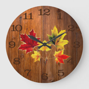 Horloge Ronde feuilles vintages d'érable en grain de bois Grande