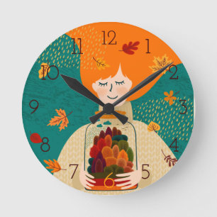 Horloge Ronde Fille d'automne avec arbre en jarre
