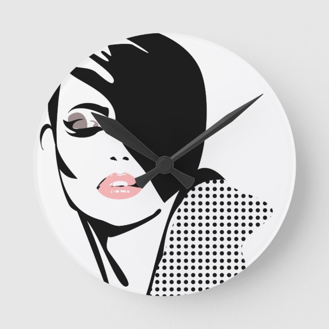 Horloge Ronde Fille de mode aux pois rétro chic (Recto)