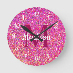 Horloge Ronde Fille de Parties scintillant rose chaud Glam Nom d