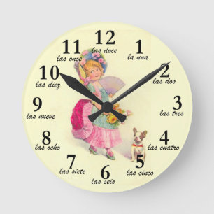 Horloge Ronde Fille et chien Motif Vintage et chiffres espagnols