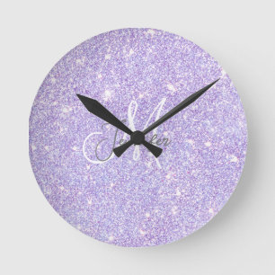 Horloge Ronde Fille Lavande violet Parties scintillant Blush Nom