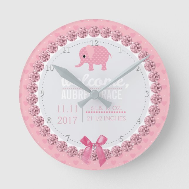 Horloge Ronde Filles Nursery Eléphant rose | Statistiques de nai (Recto)