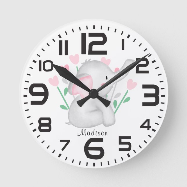 Horloge Ronde Filles personnalisées Coeurs Elephant Nursery Room (Recto)