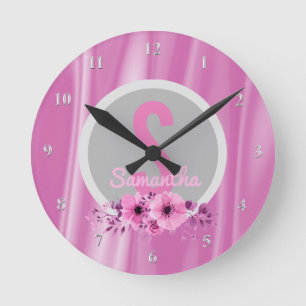 Horloge Ronde Filles Personnalisées Nom Fille Fleurs Roses Satin