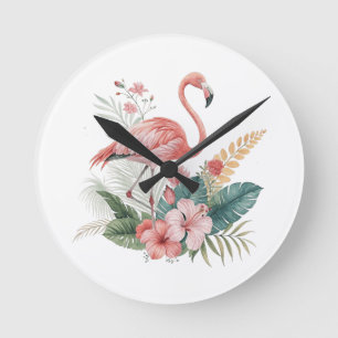 Horloge Ronde Flamant aux fleurs