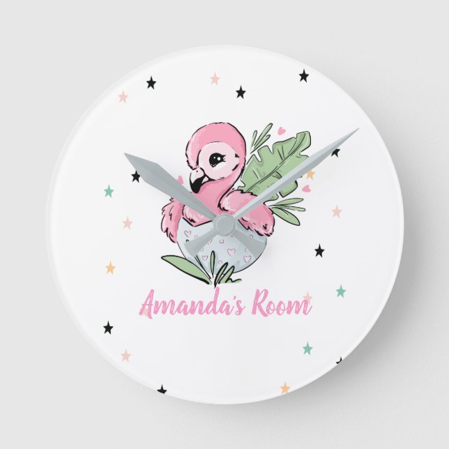 Horloge Ronde Flamant rose bébé chic, Étoiles, Princesse (Recto)