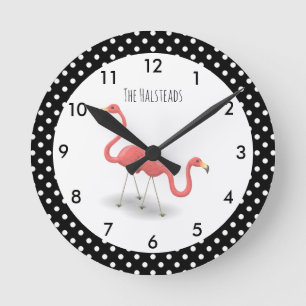 Horloge Ronde Flamant rose rose avec Pois noirs Personnalisé