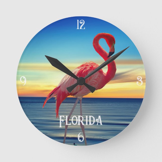 Horloge Ronde Flamant rose rose et coucher de soleil (Recto)
