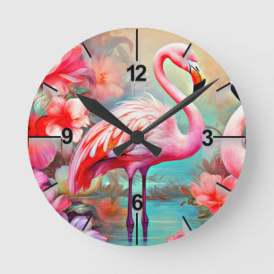 Horloge Ronde Flamant rose rose tropical avec fleurs-87361