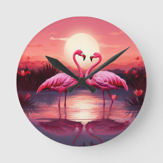 Horloge Ronde Flamants roses roses au coucher du soleil