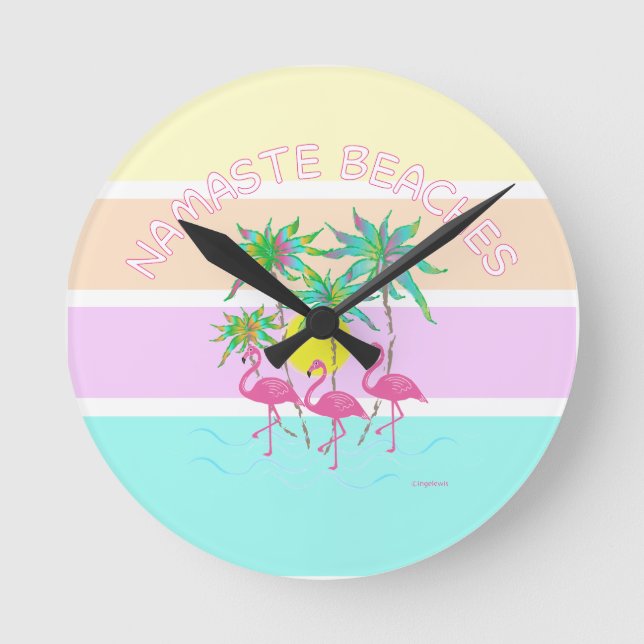 Horloge Ronde Flamants roses roses avec palmiers, Plages de Nama (Recto)