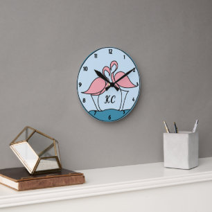 Horloge Ronde Flamants roses roses Monogrammes Art ou mur photo 