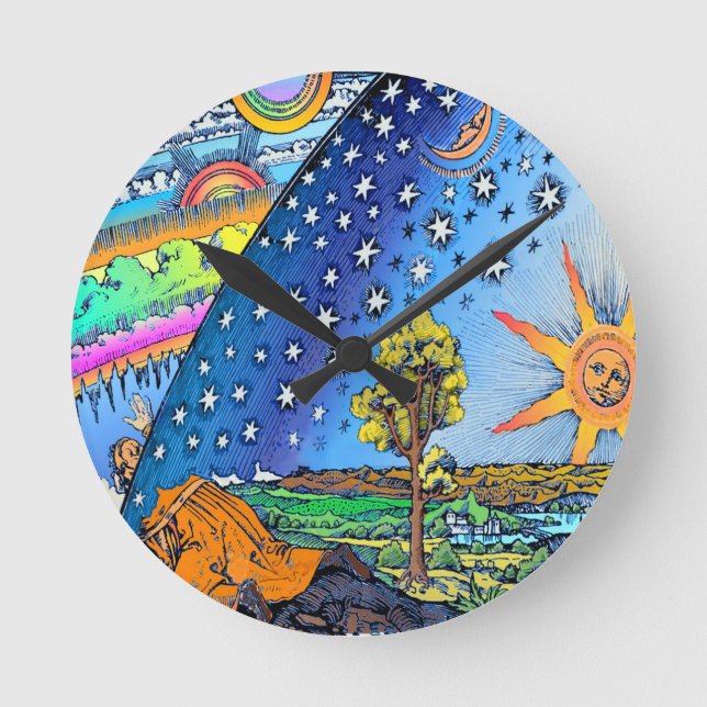 Horloge Ronde Flammarion Woodcut Flat Earth Design Carré COULEUR (Recto)