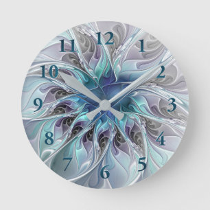 Horloge Ronde Fleur Abstraite Fractale Moderne Avec Bleu