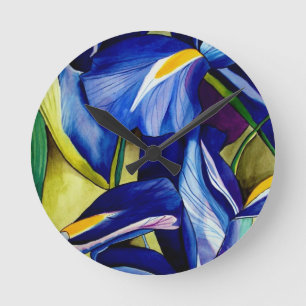 Horloge Ronde Fleur bleue Iris peinture originale aquarelle
