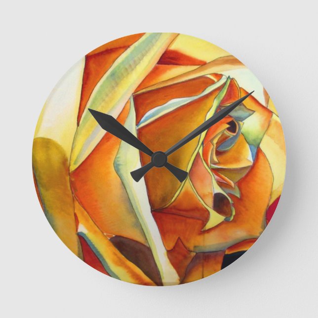 Horloge Ronde Fleur d'art d'aquarelle rose jaune (Recto)