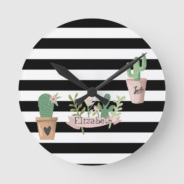 Horloge Ronde Fleur de cactus Blancs noirs (Recto)
