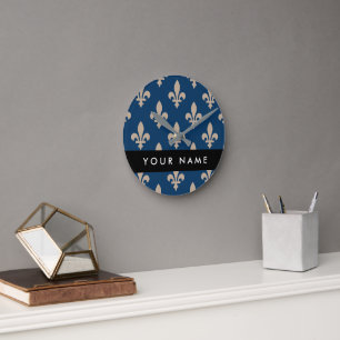 Horloge Ronde Fleur de Lis, Beige sur Bleu Nuit, Royal, Votre No