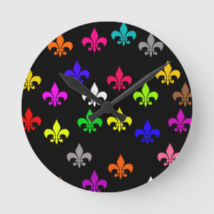 Horloge Ronde Fleur de lis multicolore noir design Motif