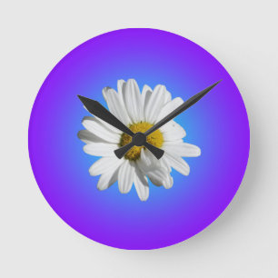 Horloge Ronde Fleur de marguerite blanche dégradé floral bleu vi