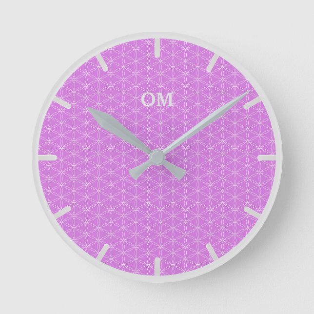 Horloge Ronde Fleur de vie en argent et violet (Recto)