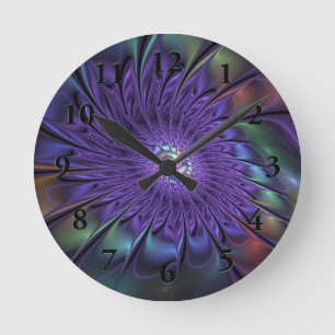 Horloge Ronde Fleur fractale Abstraite moderne et colorée tendan