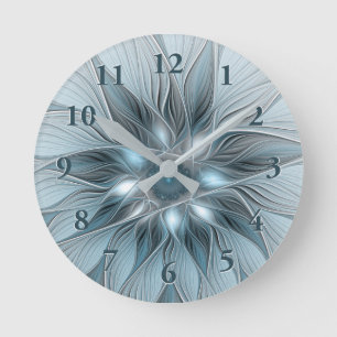 Horloge Ronde Fleur Joyeuse Abstrait gris bleu floral Fractal