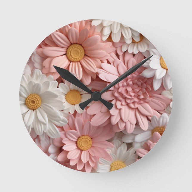 Horloge Ronde Fleur marguerite 3D rose et blanc (Recto)