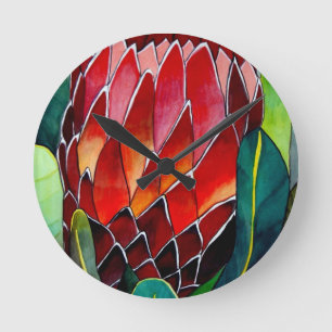 Horloge Ronde Fleur Protea rouge aquarelle originale