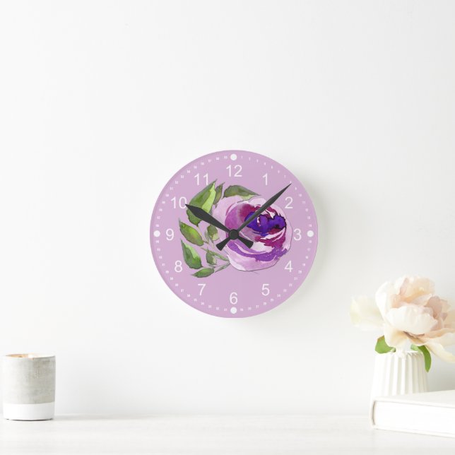 Horloge Ronde Fleur Rose d'aquarelle jaune pastel violet (Maison)