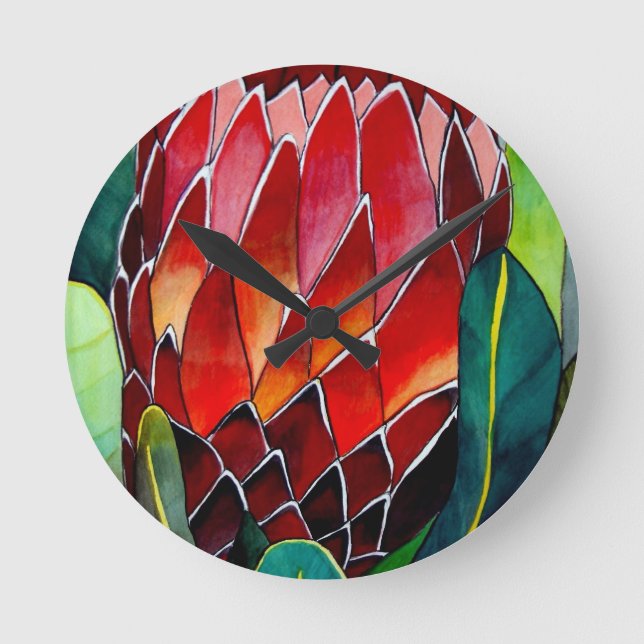 Horloge Ronde Fleur rouge Protea art original aquarelle (Recto)