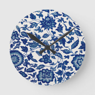 Horloge Ronde Fleur Sauvage Bleue et Blanche Chinoiserie de Camp
