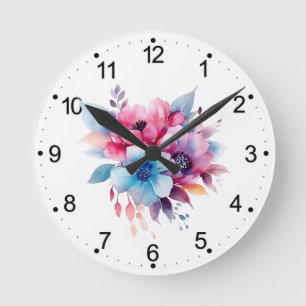 Horloge Ronde Fleurs à l'aquarelle conception florale