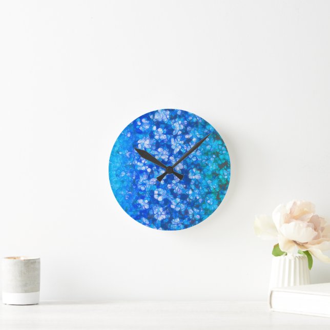 Horloge Ronde Fleurs Abstraites d'aquarelle bleu moderne (Maison)