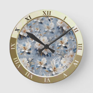 Horloge Ronde Fleurs bleues, blanches et dorées sur soie