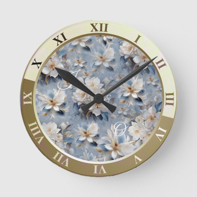 Horloge Ronde Fleurs bleues, blanches et dorées sur soie (Recto)