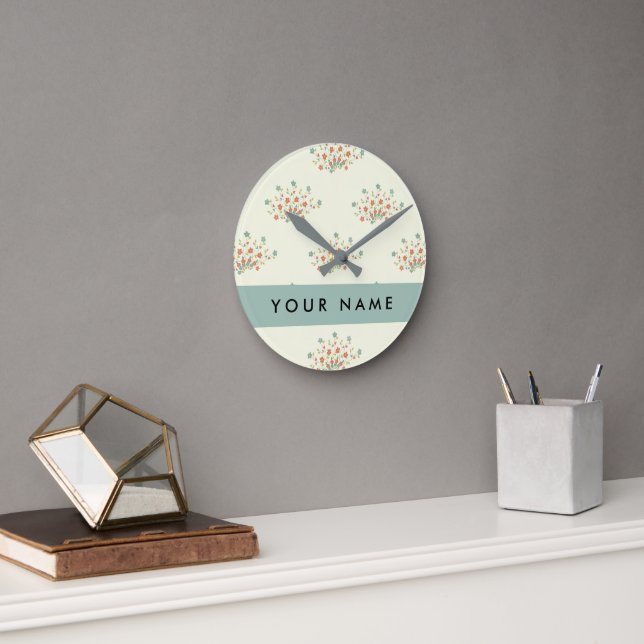 Horloge Ronde Fleurs bleues et rouges, Bleu, Votre nom (Bureau)
