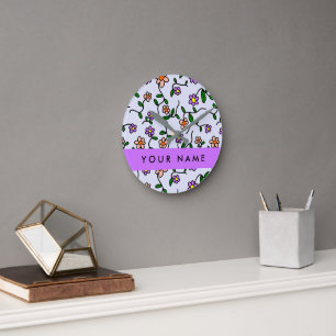 Horloge Ronde Fleurs Colorées, Fond Bleu, Violet