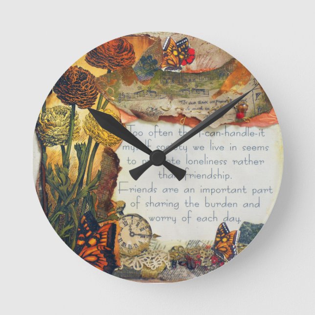 Horloge Ronde Fleurs d'amitié Papillons Médias mixtes Collage (Recto)