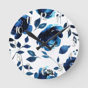 Horloge Ronde Fleurs d'aquarelle Florale Bleu Élégant Chic