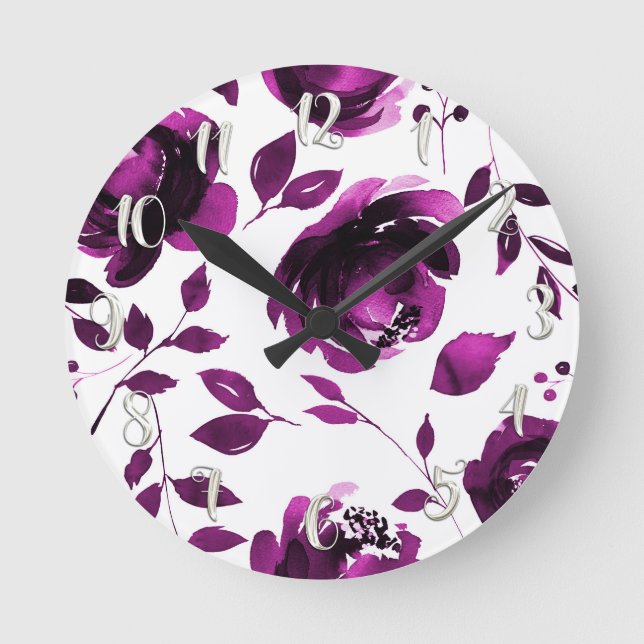 Horloge Ronde Fleurs d'Aquarelle Florale Violet Élégant Chic (Recto)