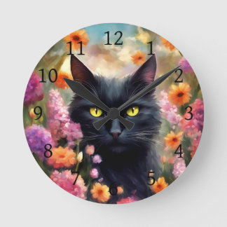 Horloge Ronde Fleurs de chats noirs Jardin Chat 736