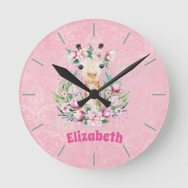 Horloge Ronde Fleurs de girafe Boho Nommées Filles, Cadeaux Ados (Recto)