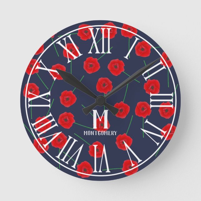 Horloge Ronde Fleurs de pavot rouge et bleu marine| Monogramme f (Recto)