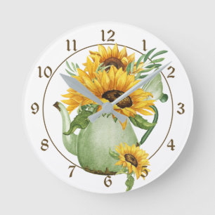 Horloge Ronde Fleurs de soleil dans la ferme Pitcher Pot Café