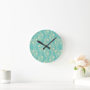 Horloge Ronde Fleurs d'or en cascade sur turquoise